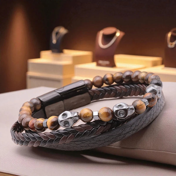 Bracelet cuir noir homme en œil de tigre naturel