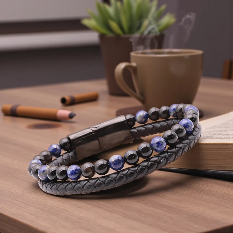Bijou lithothérapie homme cuir noir Lapis Lazuli & Onyx noir, fermoir inox 304, design élégant
