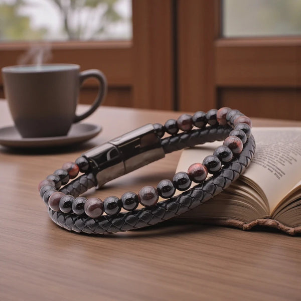 Détail bracelet cuir noir Œil de Taureau et Onyx, fermoir acier inox 304, bijou lithothérapie pour homme