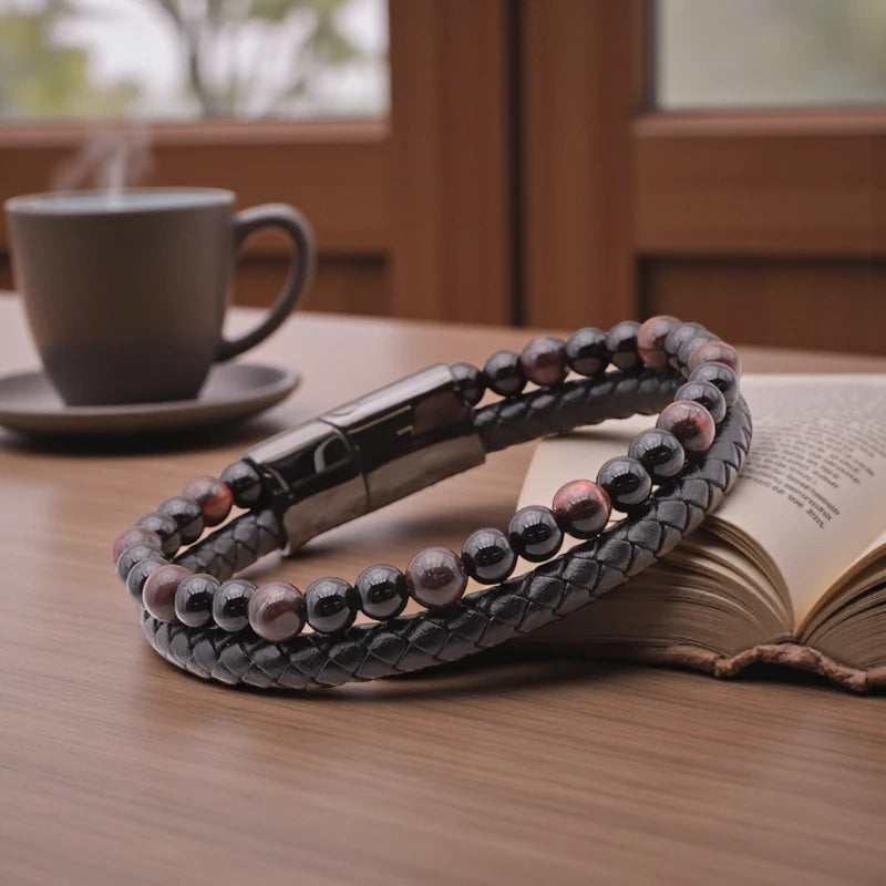 Détail bracelet cuir noir Œil de Taureau et Onyx, fermoir acier inox 304, bijou lithothérapie pour homme