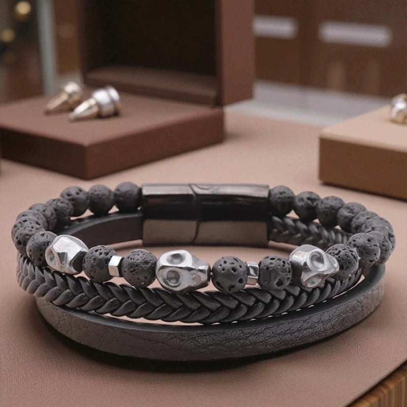 Bracelet cuir noir homme en pierre de lave naturelle