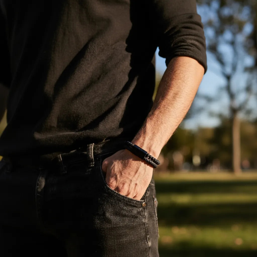 Détail bracelet cuir noir Pierre de Lave & Shungite, fermoir acier inox 304, bijou lithothérapie protecteur pour homme