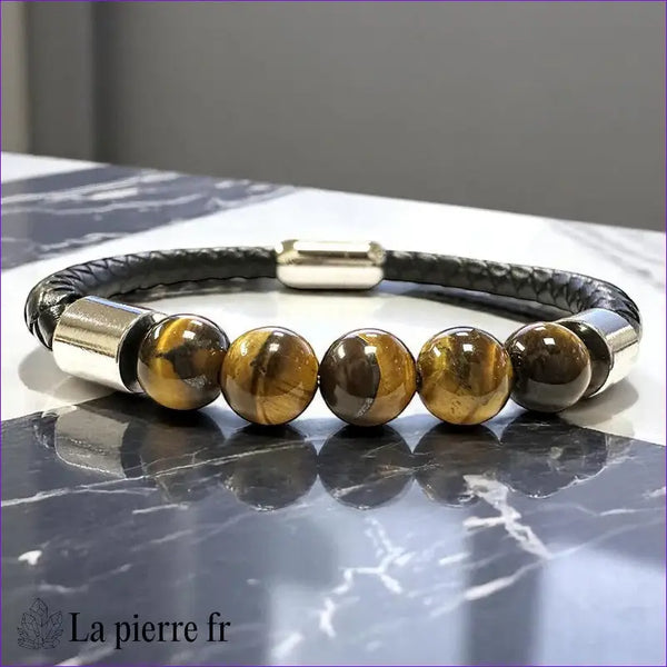Bracelet homme cuir simple rang La Pierre Fr avec 5 perles Oeil de Tigre 8mm chatoyantes, fermoir acier, longueur 21cm.