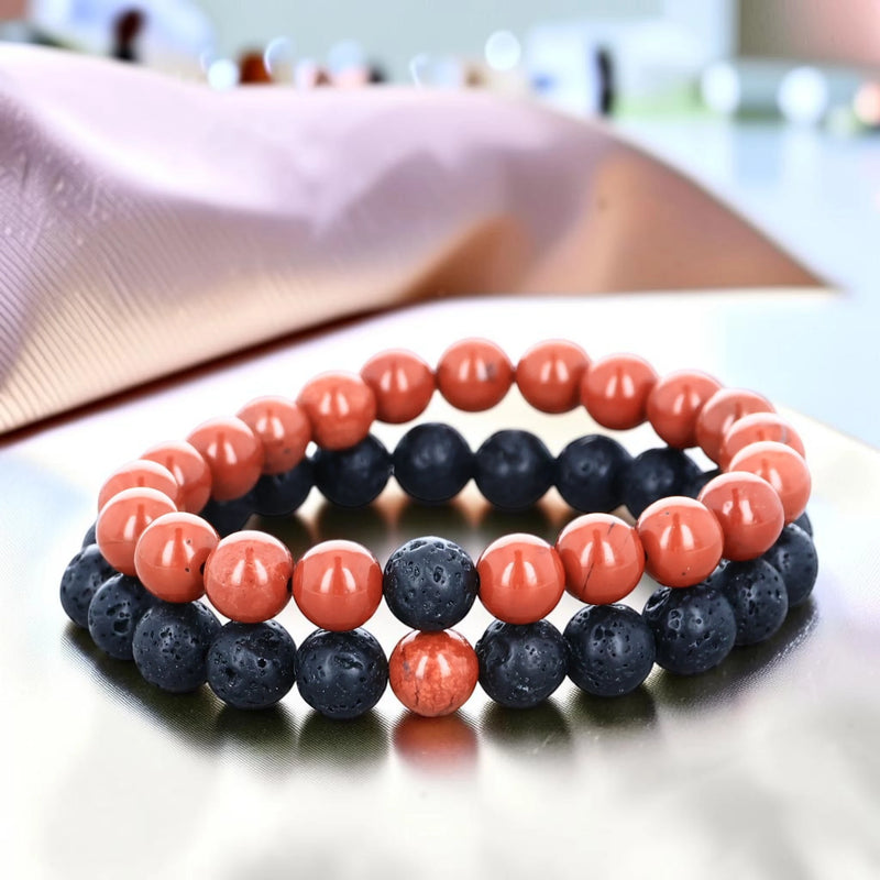 Duo de bracelets distance jaspe rouge et pierre de lave, perles 8 mm
