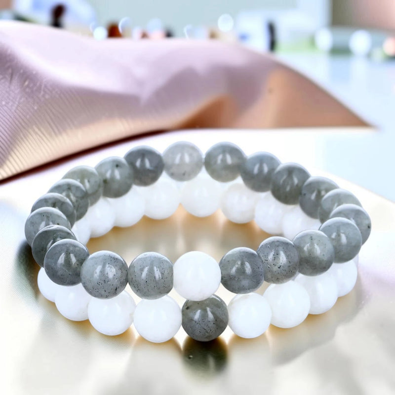 Duo de bracelets distance labradorite et pierre de lune, perles 8 mm