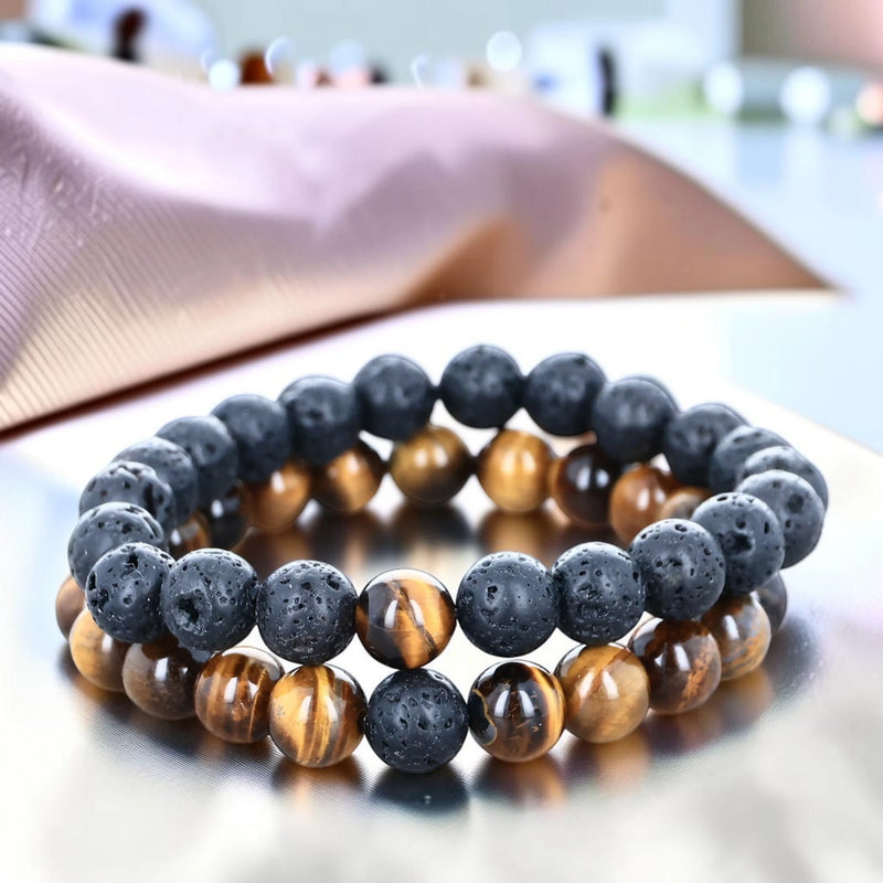 Duo de bracelets distance œil de tigre et pierre de lave, perles 8 mm