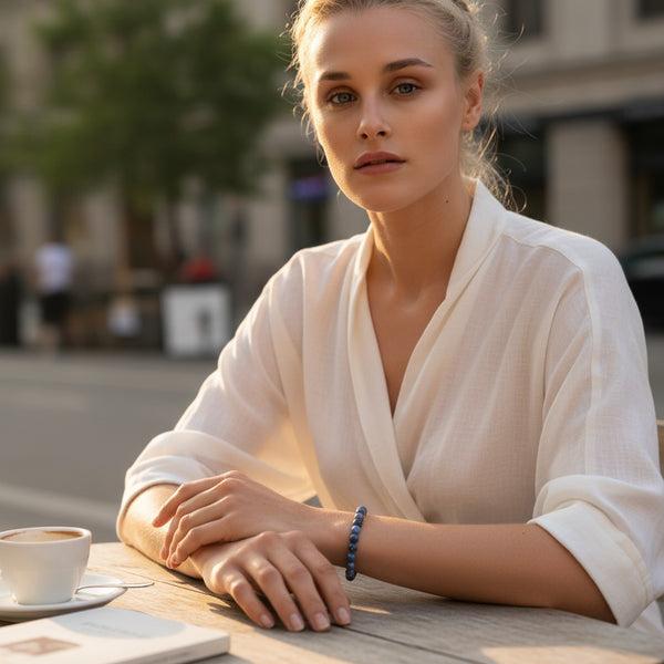 Bracelet Dumortierite en pierre naturelle porté au poignet par une femme
