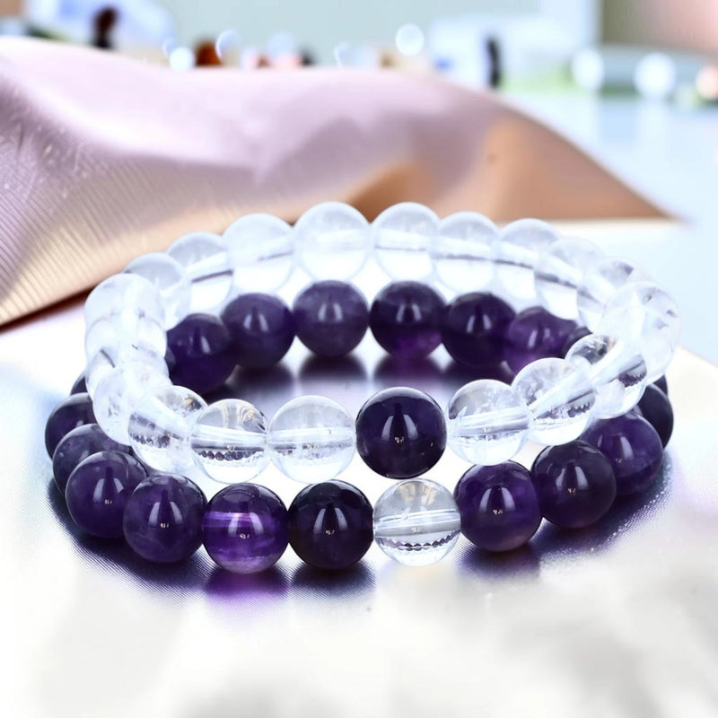 Duo de bracelets couple améthyste et cristal de roche, perles 8 mm