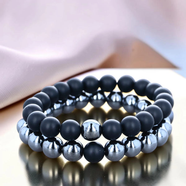 Bracelet duo homme hématite et onyx noir en pierre naturelle