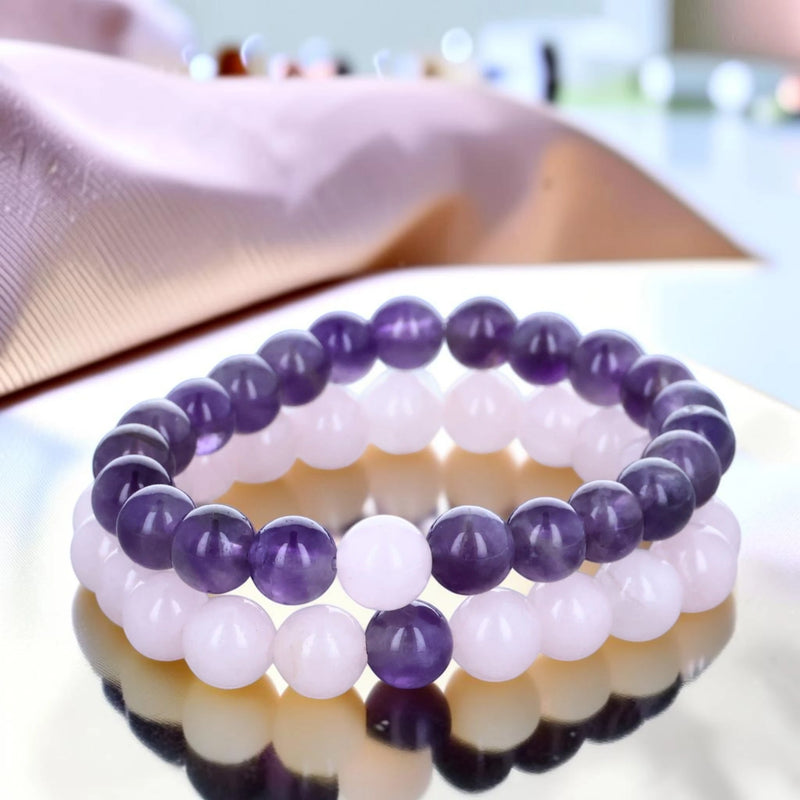 Duo de bracelets sœurs quartz rose et améthyste, perles 8 mm
