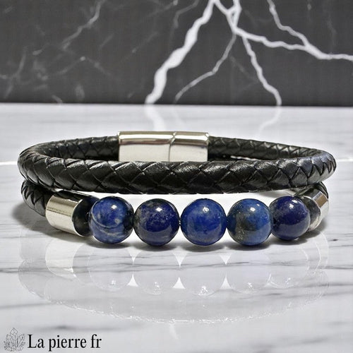 Bracelet Homme Cuir et Pierre, 2 Rangs et 5 Perles de Lapis Lazuli