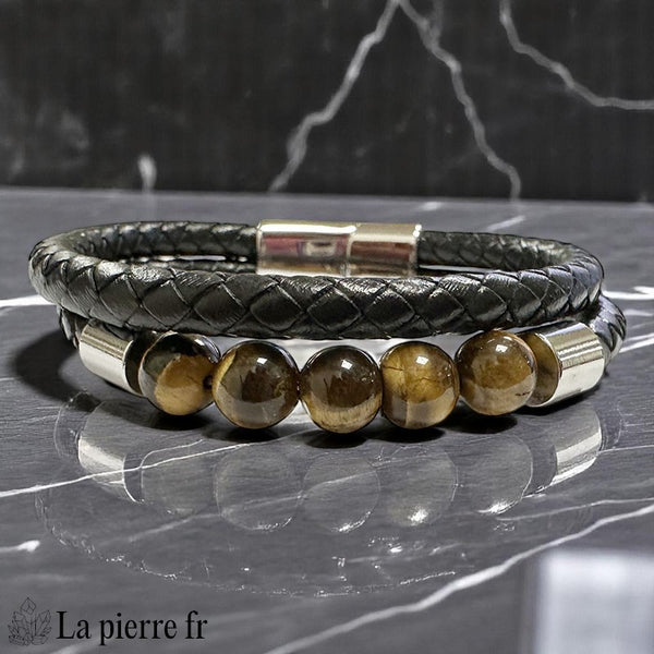 Bracelet homme pierre oeil de tigre et cuir 2 rangs La Pierre Fr, 5 perles chatoyantes brunes dorées, symbole de courage et volonté.