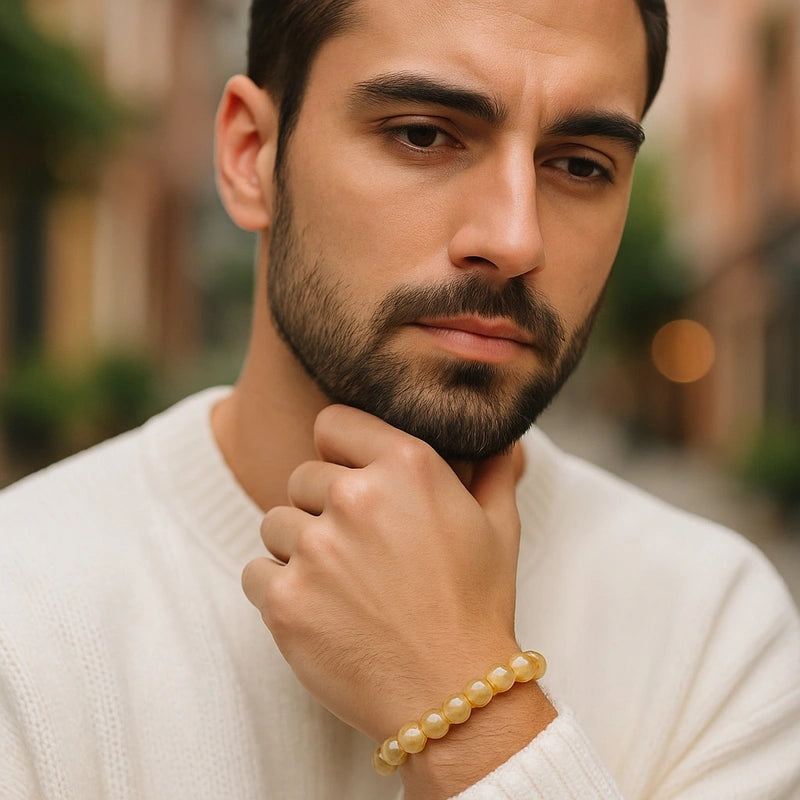 bracelet citrine pour homme perles 6/8 mm porté au poignet, énergie solaire