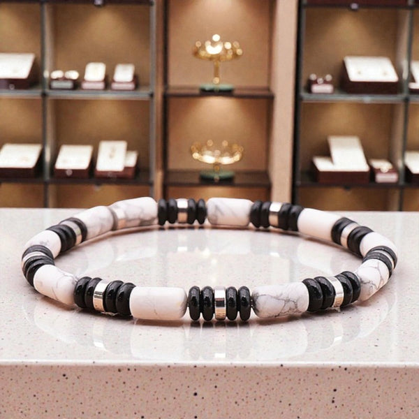 Bracelet fin homme en perles 6mm d’obsidienne noire et howlite blanche, bijou en pierres naturelles lithothérapie