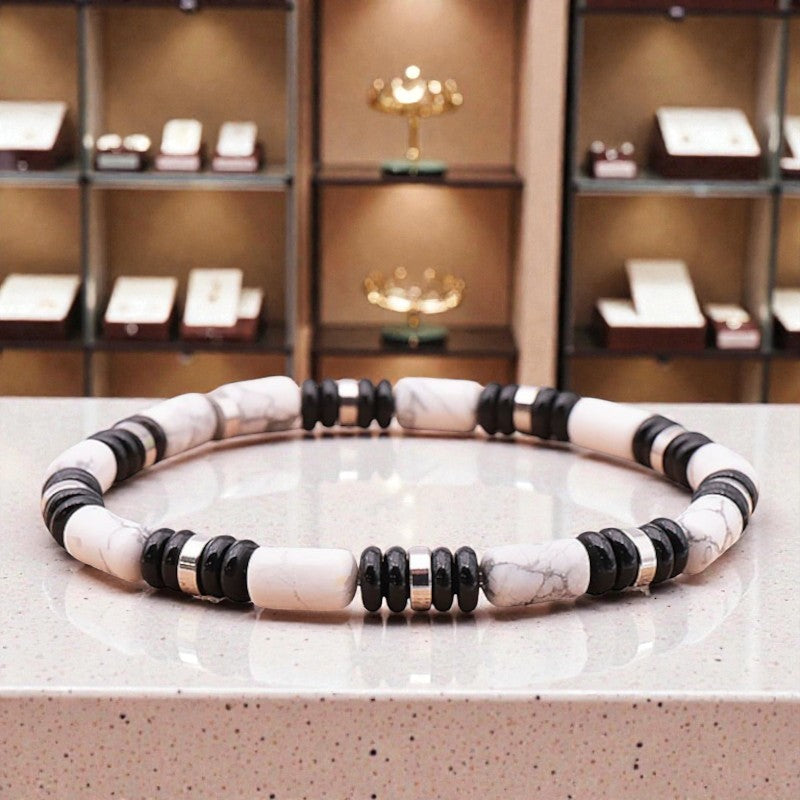 Bracelet fin homme en perles 6mm d’obsidienne noire et howlite blanche, bijou en pierres naturelles lithothérapie