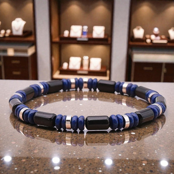 Bracelet fin homme en perles 6 mm d’obsidienne noire naturelle et lapis lazuli, bijou en pierres naturelles lithothérapie