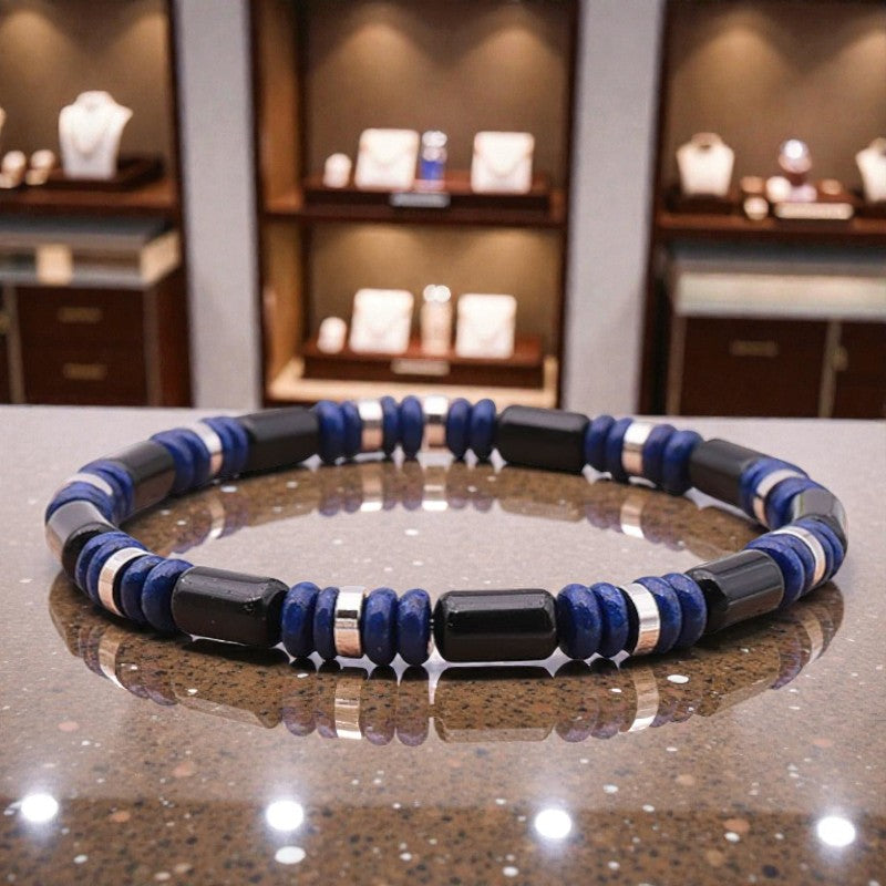 Bracelet fin homme en perles 6 mm d’obsidienne noire naturelle et lapis lazuli, bijou en pierres naturelles lithothérapie