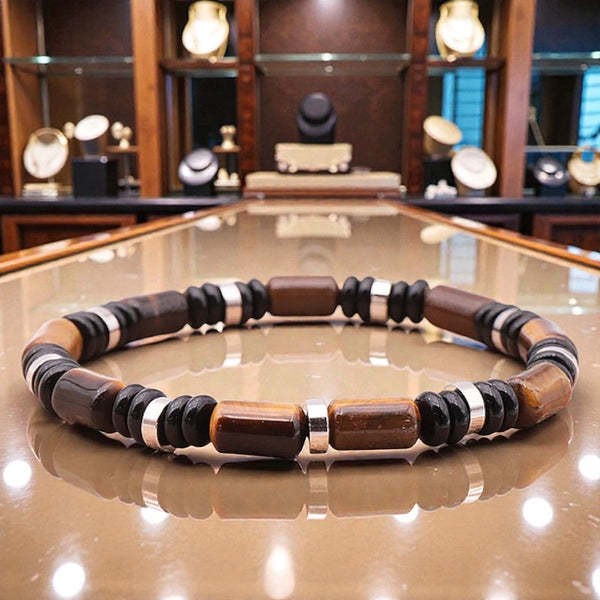 Bracelet fin homme en perles 6 mm d’obsidienne noire et œil de tigre, bijou en pierres naturelles lithothérapie