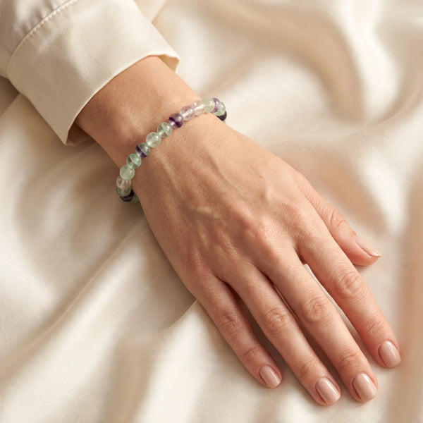 Bracelet fluorite femme en perles de 6 mm, pierre naturelle verte et violette, bijou fin idée cadeau