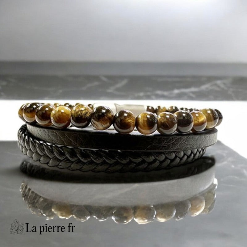 Bracelet homme multi-rangs La Pierre Fr avec cuir et perles Oeil de Tigre 6mm chatoyantes, fermoir acier, style unique.