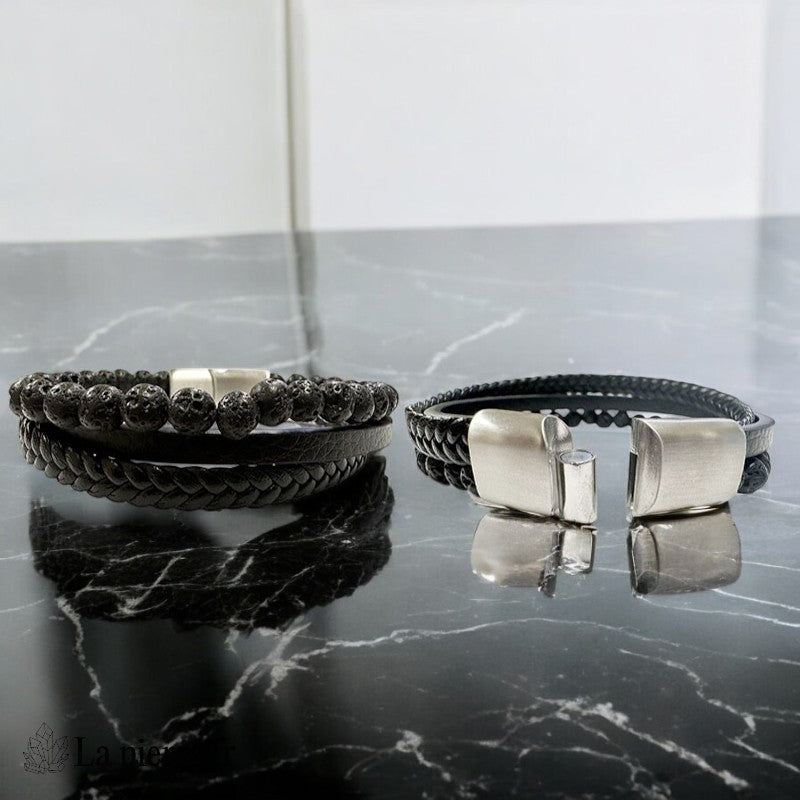 Bracelet homme en cuir veritable et perles Pierre de Lave 6mm noires volcaniques, fermoir acier, style brut et tendance.