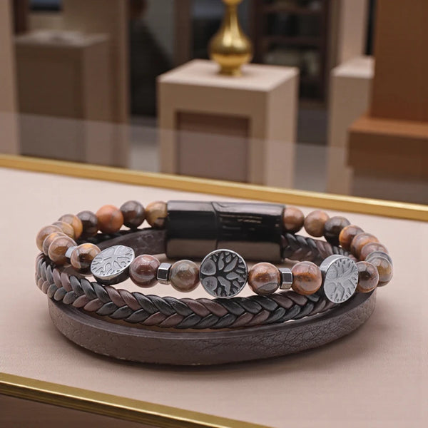 Bracelet homme cuir marron en pierre naturelle Œil de Tigre, symbole Arbre de Vie, lithothérapie, 18 cm, perles 6 mm