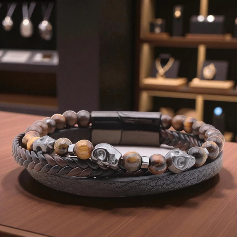 Bracelet homme cuir noir et acier inoxydable avec œil de tigre