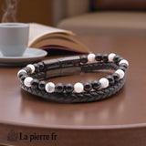 Bracelet homme cuir noir pierres naturelles Howlite blanche & Onyx noir, 18 cm, perles 6 mm