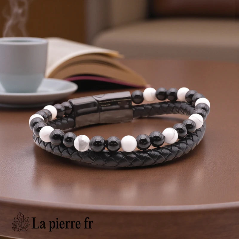 Bracelet homme cuir noir pierres naturelles Howlite blanche & Onyx noir, 18 cm, perles 6 mm