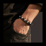 Bracelet homme cuir noir Howlite blanche & Onyx noir, fermoir acier inox 304