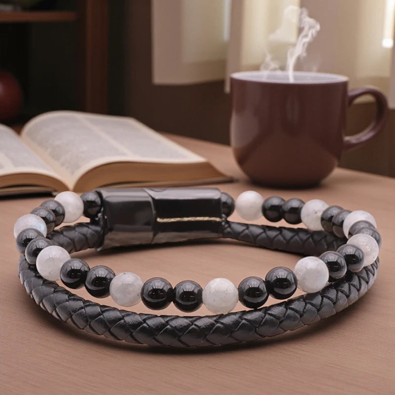 Bracelet homme cuir noir pierres naturelles Labradorite & Onyx noir, 18 cm, perles 6 mm