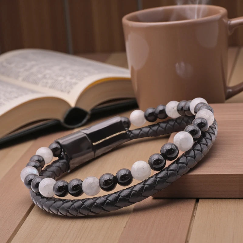 Bracelet homme cuir noir Labradorite & Onyx noir, fermoir acier inox 304