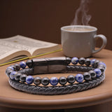 Bracelet homme cuir noir en pierres naturelles Lapis Lazuli & Onyx noir, lithothérapie, 18 cm, perles 6 mm