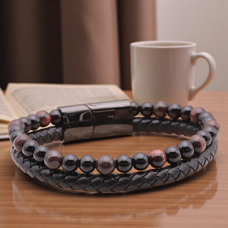 Bracelet homme cuir noir en pierres naturelles Œil de Taureau & Onyx noir, lithothérapie, 18 cm, perles 6 mm