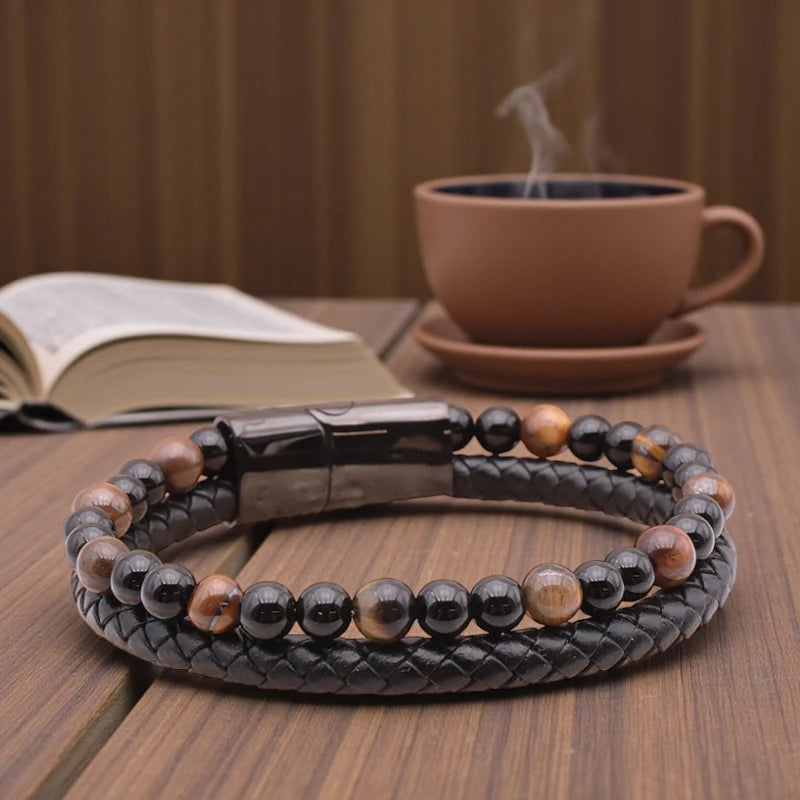 Bracelet homme cuir noir en pierres naturelles Œil de Tigre & Onyx noir, lithothérapie, 18 cm, perles 6 mm
