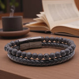 Bracelet homme cuir noir en pierres naturelles Pierre de Lave & Shungite, lithothérapie, 18 cm, perles 6 mm
