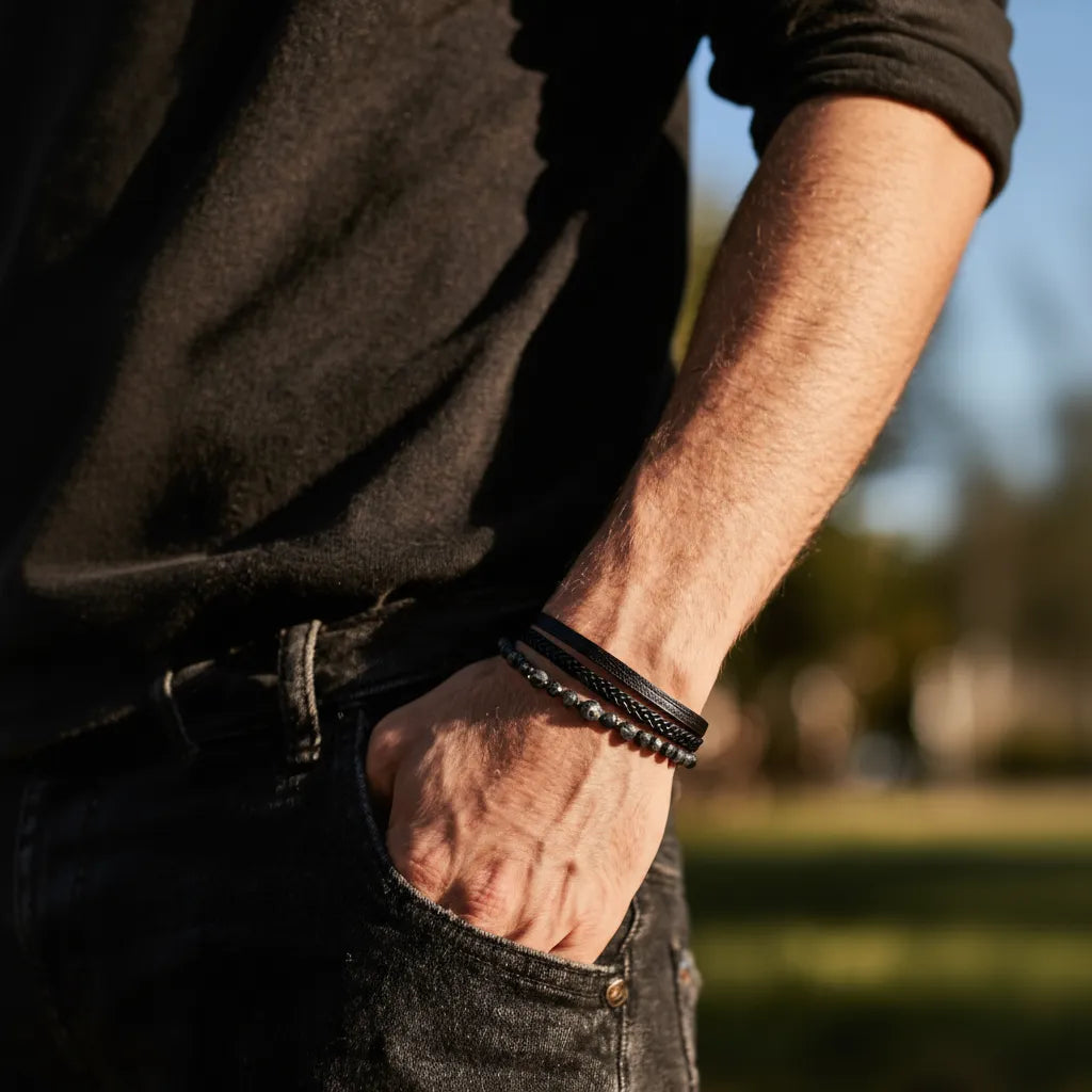 Bracelet homme cuir noir avec perles en pierre de lave