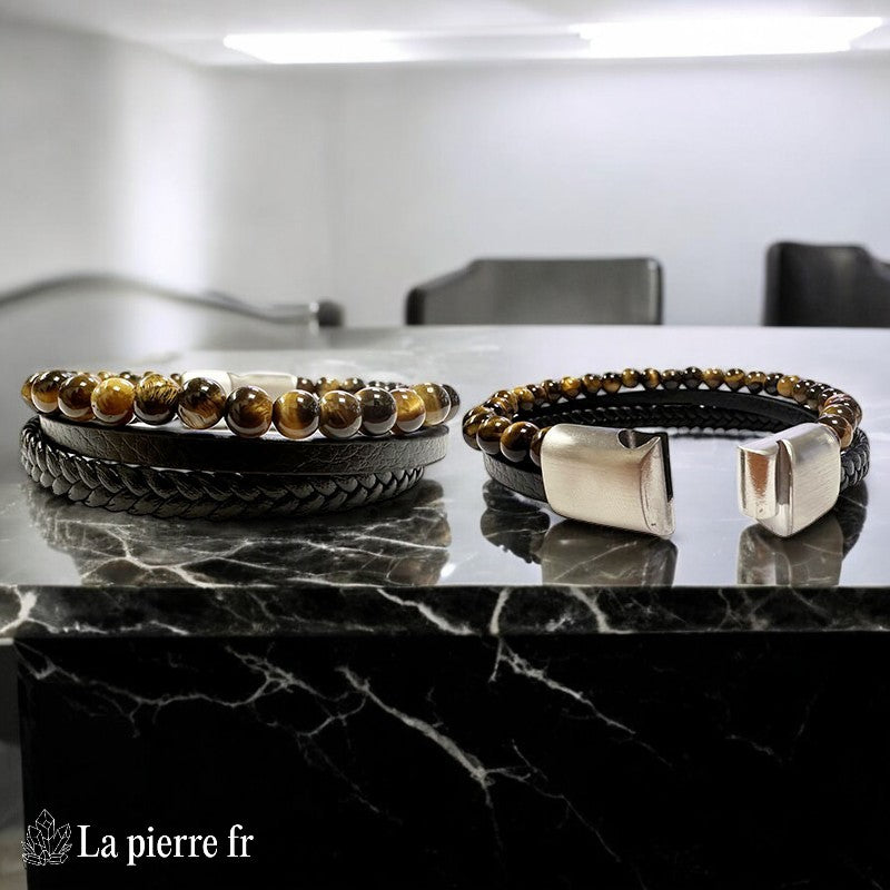 bijou homme en cuir et pierre oeil de tigre en perles de 6mm, La Pierre Fr
