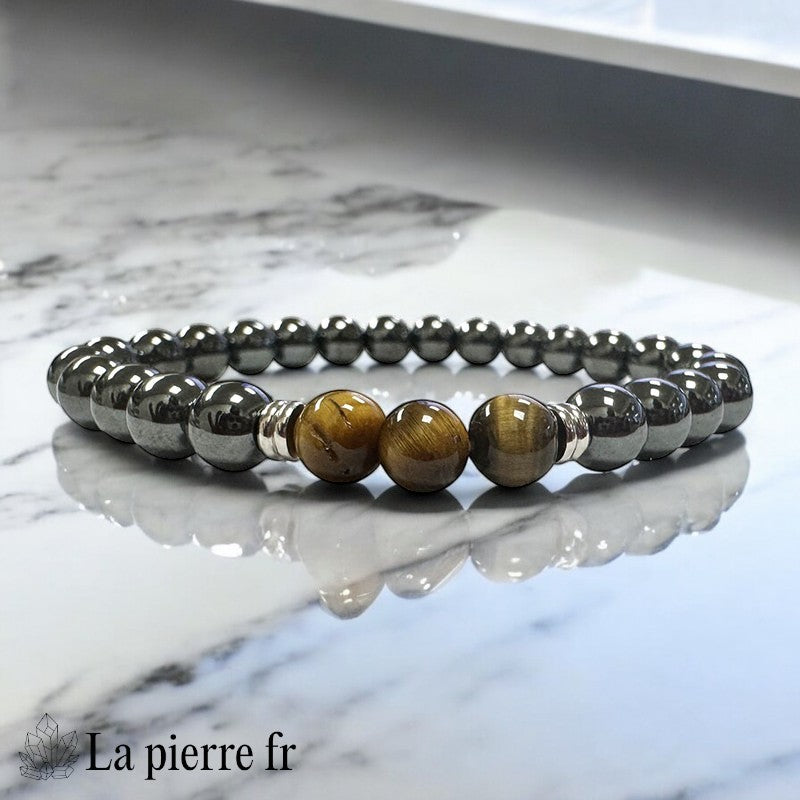 Bracelet homme La Pierre Fr avec perles 8mm Hématite grise métallique et Oeil de Tigre chatoyant, longueur 20cm, alliance d'ancrage et de force.