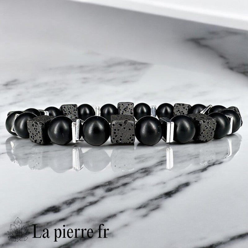 Bracelet homme design géométrique La Pierre Fr avec Onyx dépoli rond, Lave carrée et Hématite plate, 20cm, style unique.