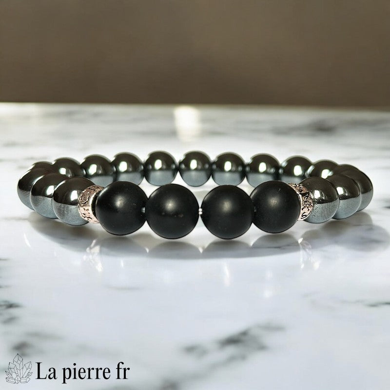 Bracelet homme La Pierre Fr avec perles 10mm Onyx Noir dépoli et Hématite métallique grise, longueur 20cm, style affirmé.