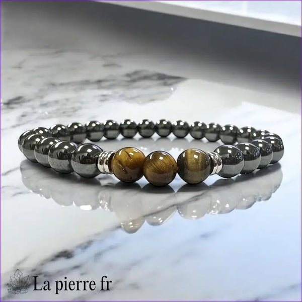 Bracelet homme La Pierre Fr avec perles 8mm Hématite grise métallique et Oeil de Tigre chatoyant, longueur 20cm, alliance d'ancrage et de force.