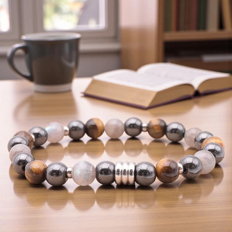 Bracelet homme en pierres naturelles Labradorite, Œil de Tigre & Hématite, lithothérapie, 18 cm, perles 8 mm