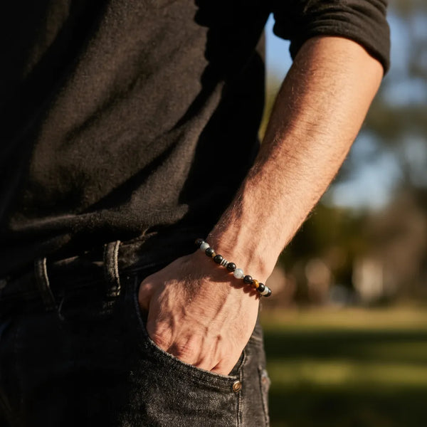 Détail bracelet Labradorite, Œil de Tigre & Hématite, acier inox 304, bijou lithothérapie protecteur et équilibrant