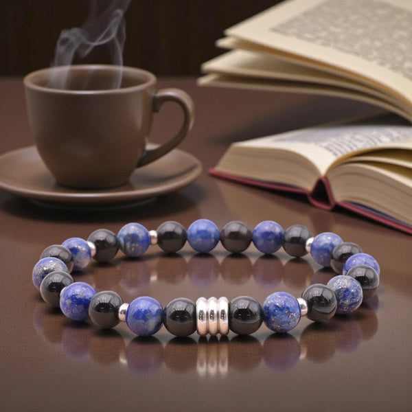 Bracelet homme en pierres naturelles Lapis Lazuli & Onyx noir, lithothérapie, 18 cm, perles 8 mm