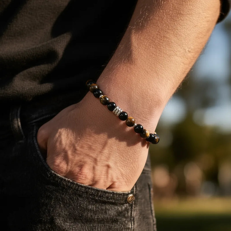 Détail bracelet Œil de Tigre et Onyx noir, acier inox 304, bijou lithothérapie protecteur pour homme