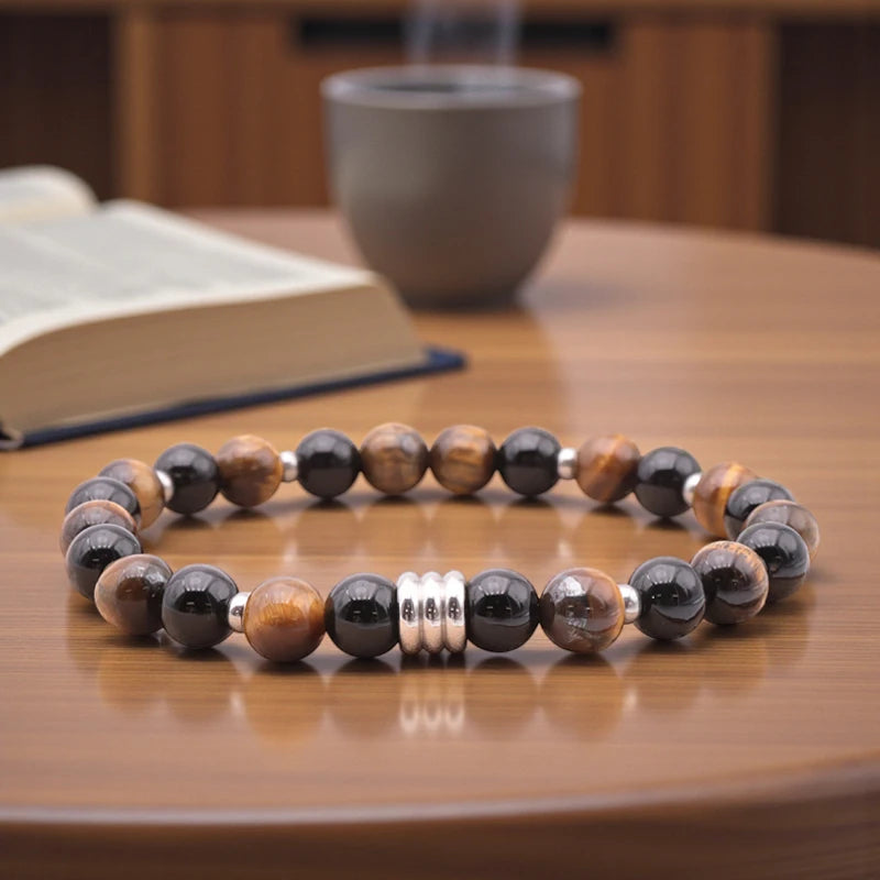 Bracelet homme en pierres naturelles Œil de Tigre & Onyx noir, lithothérapie, 18 cm, perles 8 mm