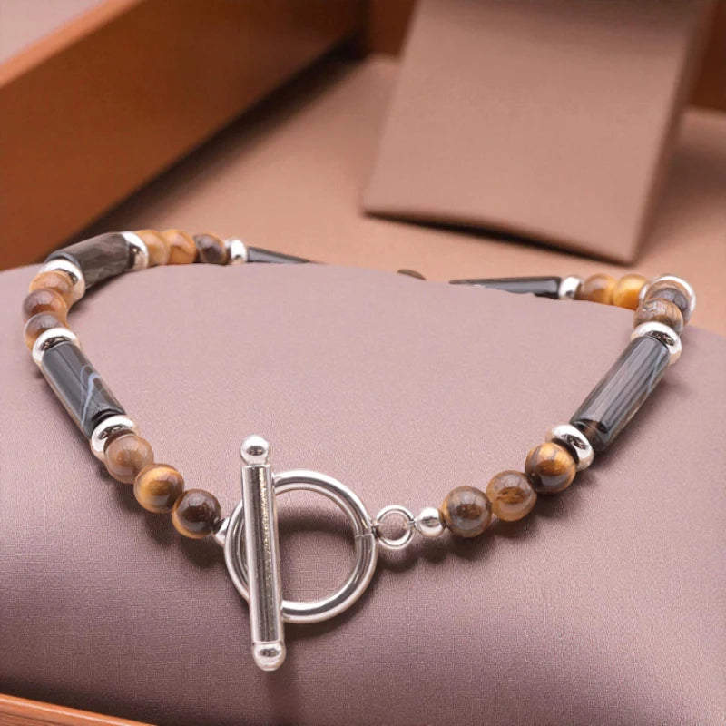 Détail bracelet Œil de Tigre & Onyx noir, acier inox 304, bijou lithothérapie protecteur et élégant