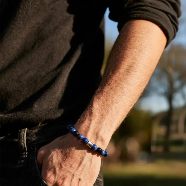 Bracelet homme en perles de lapis lazuli et onyx noir, style élégant et masculin