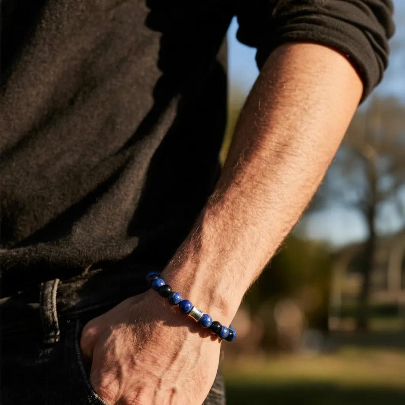 Bracelet homme en perles de lapis lazuli et onyx noir, style élégant et masculin